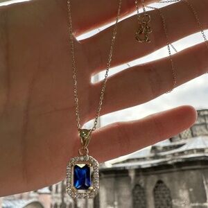 14k Solid Gold Oval Cut Sapphire Necklace, Halo Gold Necklace, Sapphire Gold Pen